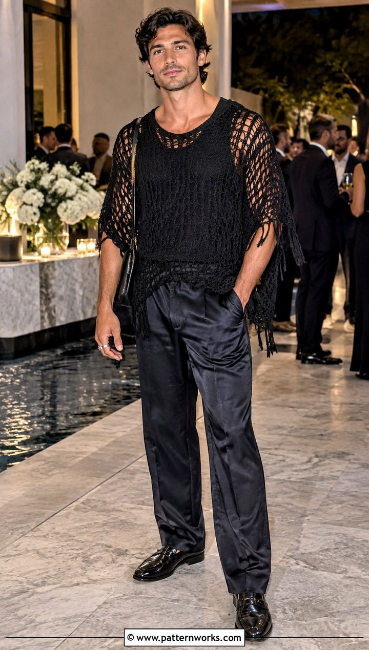 Lace Crochet Poncho Outfit With Satin Trousers - 24 mens crochet poncho outfit ideas