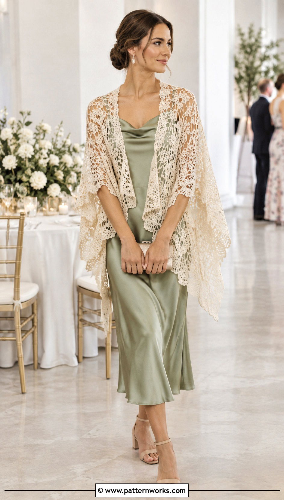 Lace Crochet Poncho Shawl With Satin Slip Dress - 18 crochet poncho shawl outfit ideas
