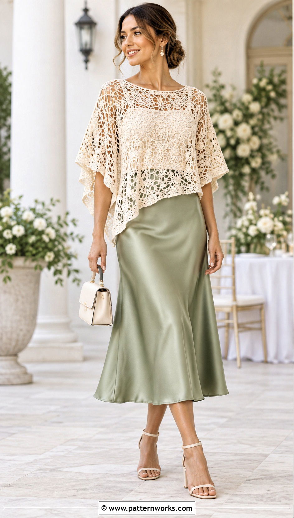 Lace Crochet Poncho Top With a Midi Skirt - 24 Crochet Poncho Top outfit ideas
