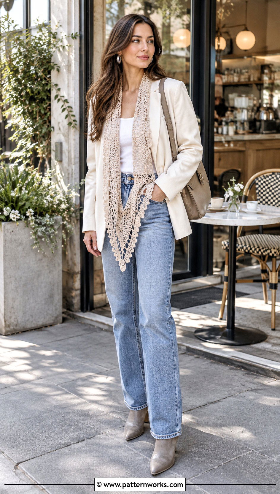 Lace V Stitch Crochet Shawl With Blazer And Jeans - 24 V Stitch Crochet Shawl outfit ideas