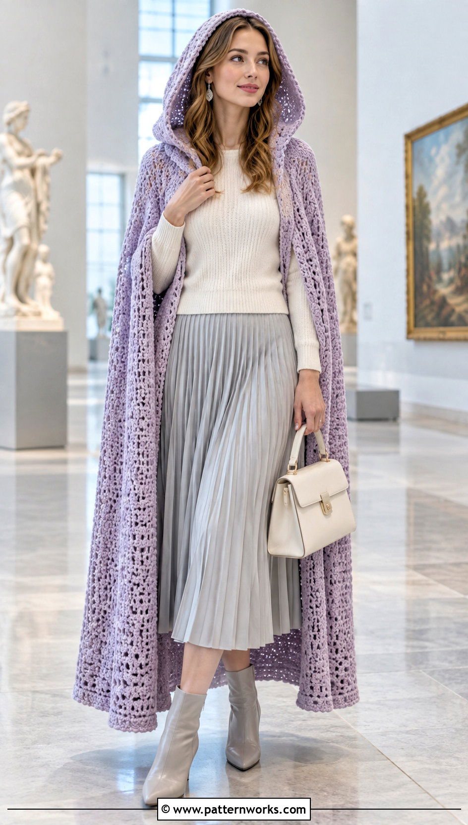 Lavender Long Hooded Crochet Cape With Pleated Skirt - 24 Long Hooded Crochet Cape outfit ideas