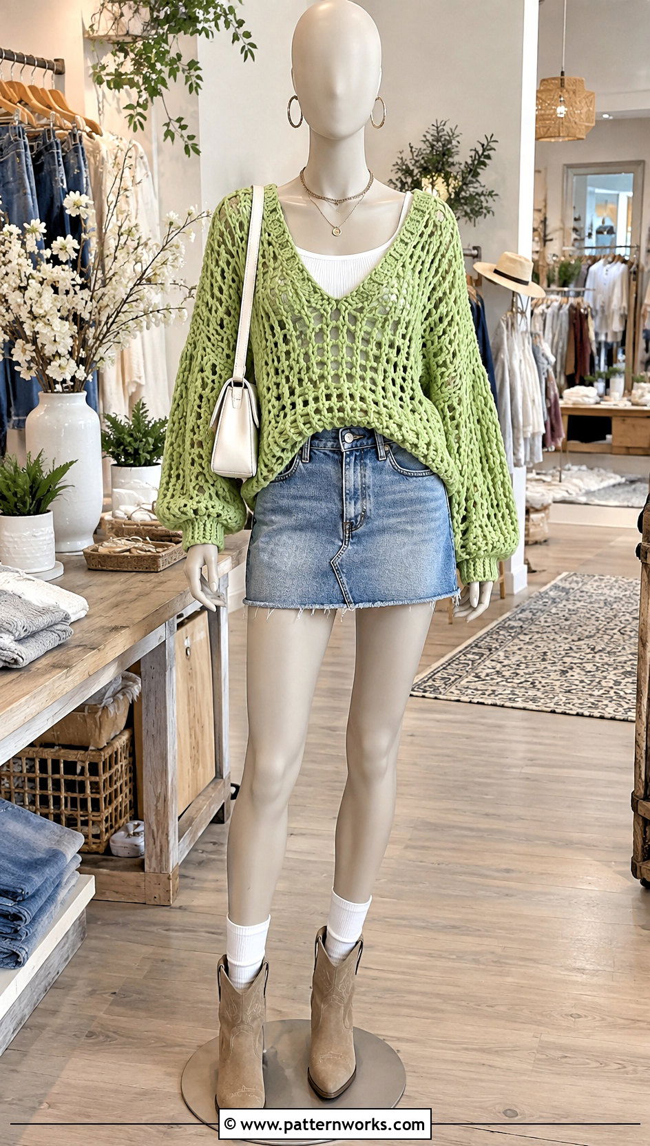Lime Green Crochet Sweater With Denim Mini Skirt - 18 Green Crochet Sweater On Mannequin outfit ideas