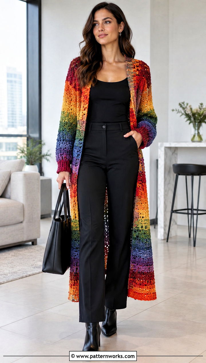 Long Crochet Cardigan With Monochrome Outfit - 30 colorful crochet sweater outfit ideas