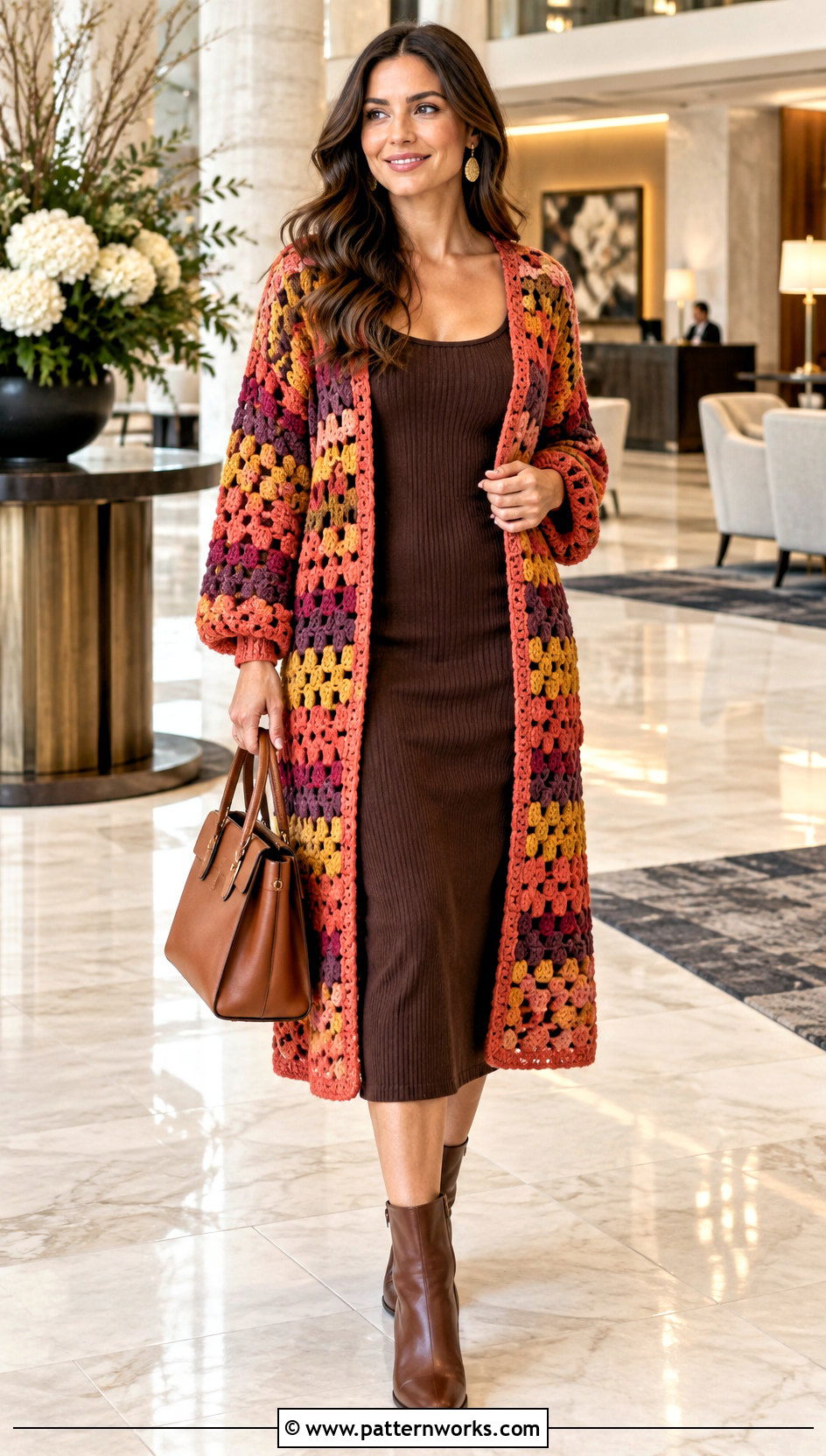 Long Crochet Cardigan With Ribbed Knit Dress - 18 colorful crocheted cardigan on hook outfit ideas