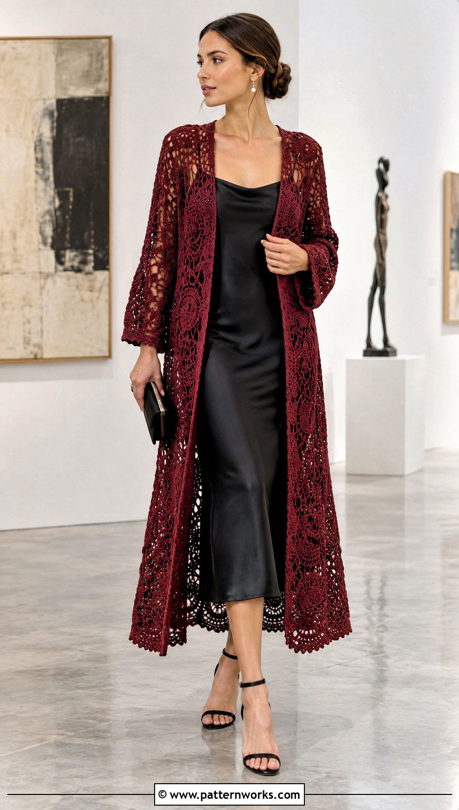 Long Crochet Circular Jacket With Satin Midi Dress - 18 Crochet Circular Jacket outfit ideas