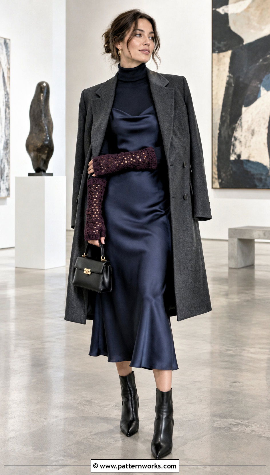 Long Crochet Gloves With Satin Slip Dress And Coat - 24 crochet glove outfit ideas