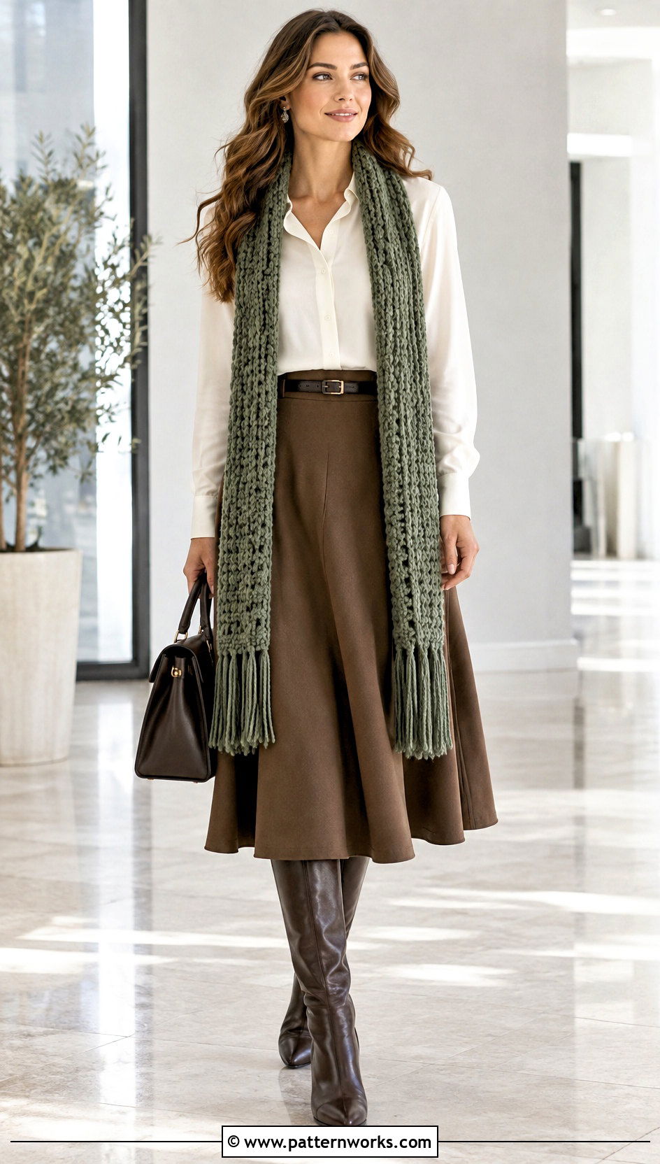 Long Crochet Scarf Outfit With Blouse And Midi Skirt - 24 Beautiful Crochet Scarf outfit ideas
