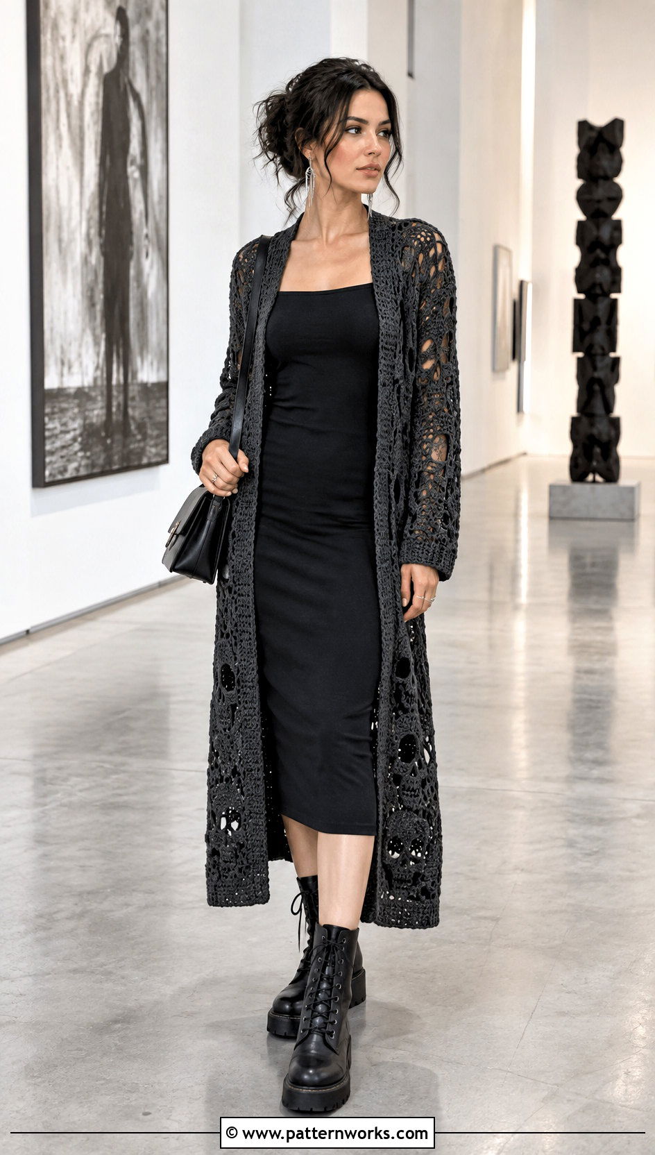 Long Crochet Skull Cardigan With Column Dress - 30 crochet skull sweater outfit ideas