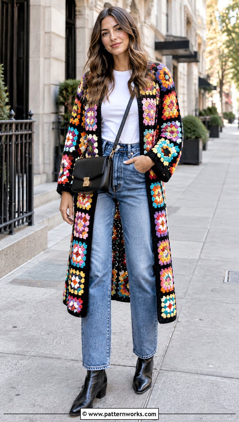 Long Granny Square Coat With Straight Leg Jeans - 18 crochet granny square afghan style coat cardigan outfit ideas