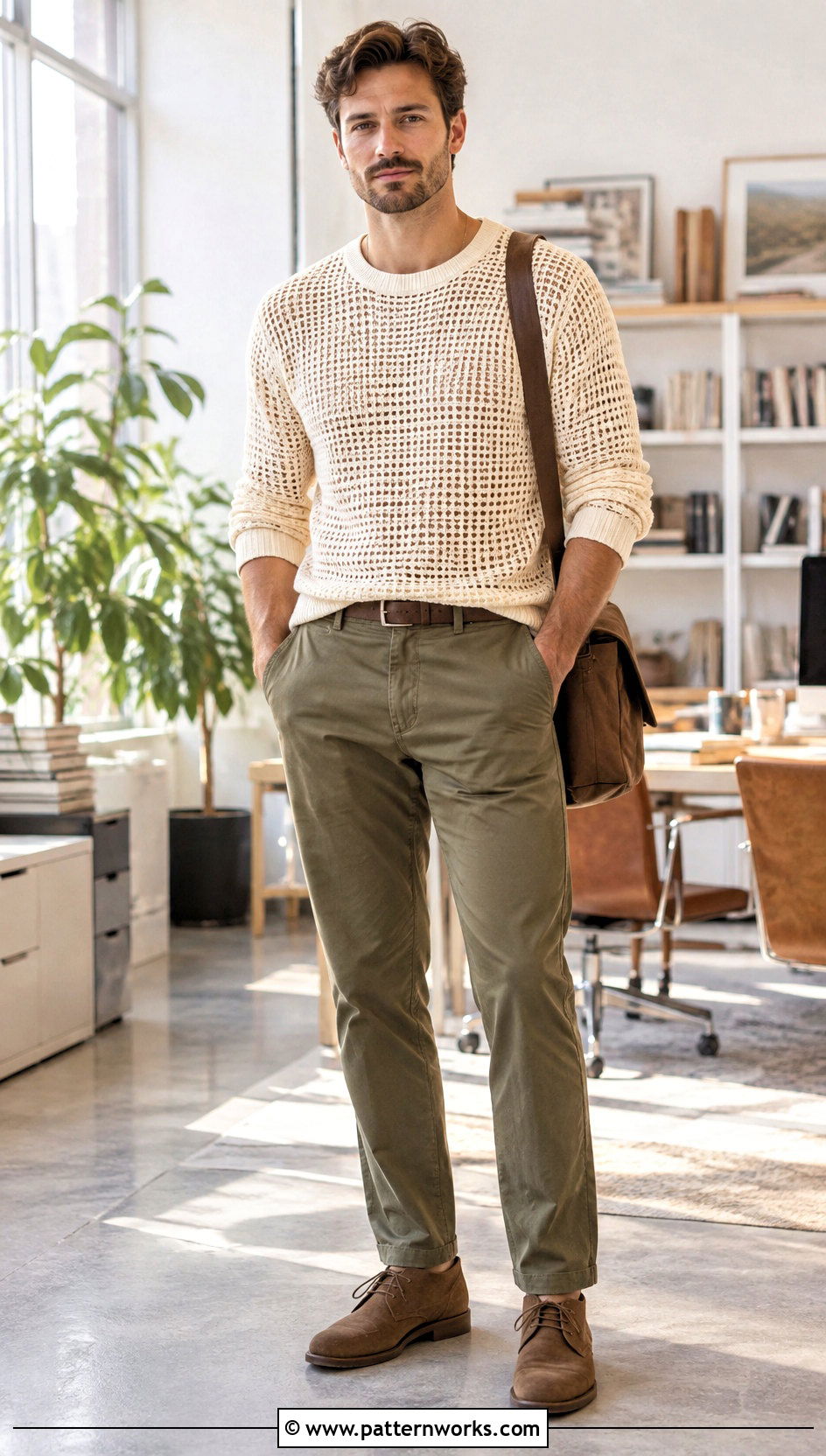 Long Sleeve Crochet Mesh Shirt With Chinos - 24 Men Crochet Mesh Shirt outfit ideas