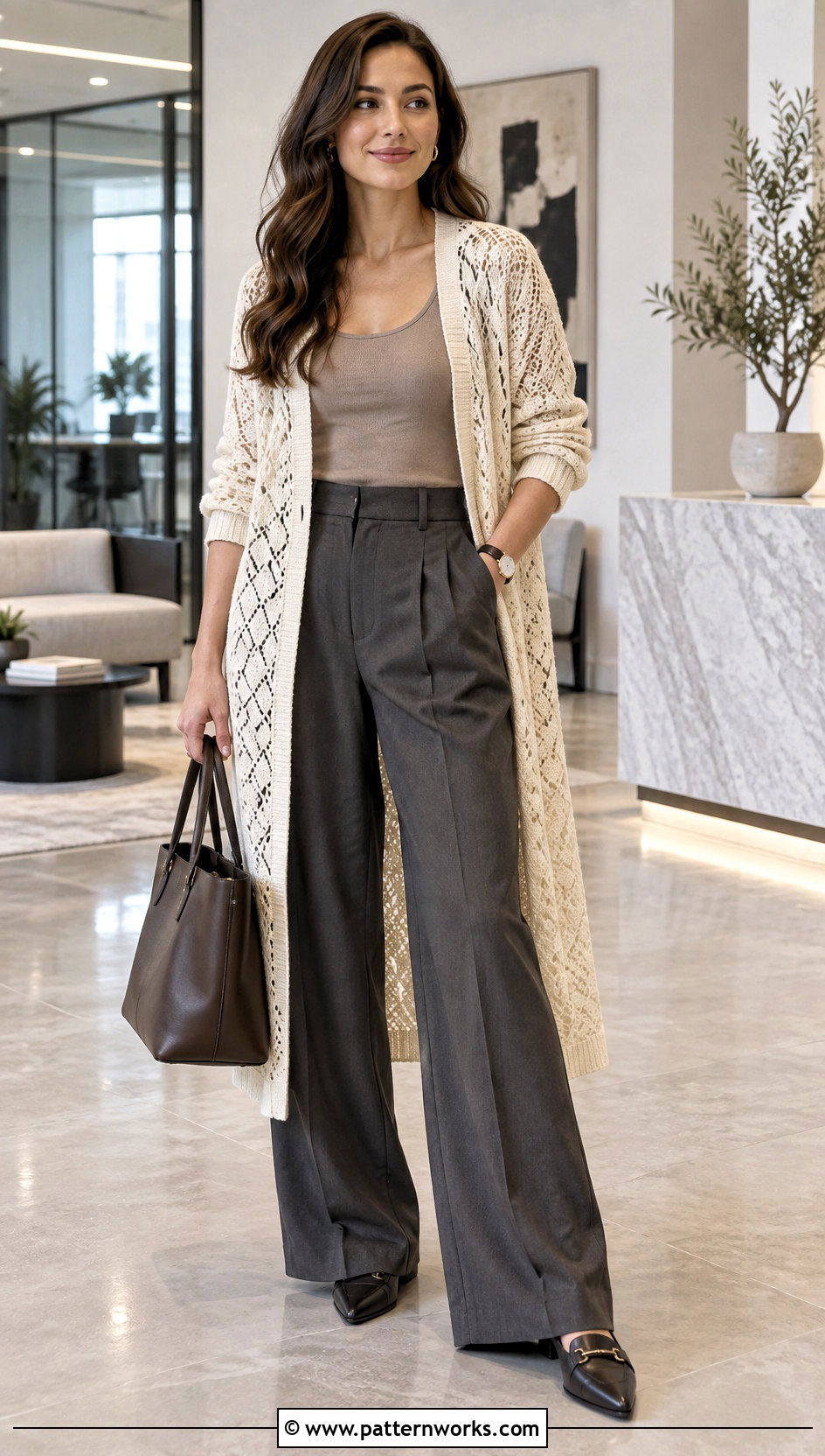 Longline Diamond Filet Crochet Cardigan Outfit With Trousers - 24 filet crochet cardigan outfit ideas
