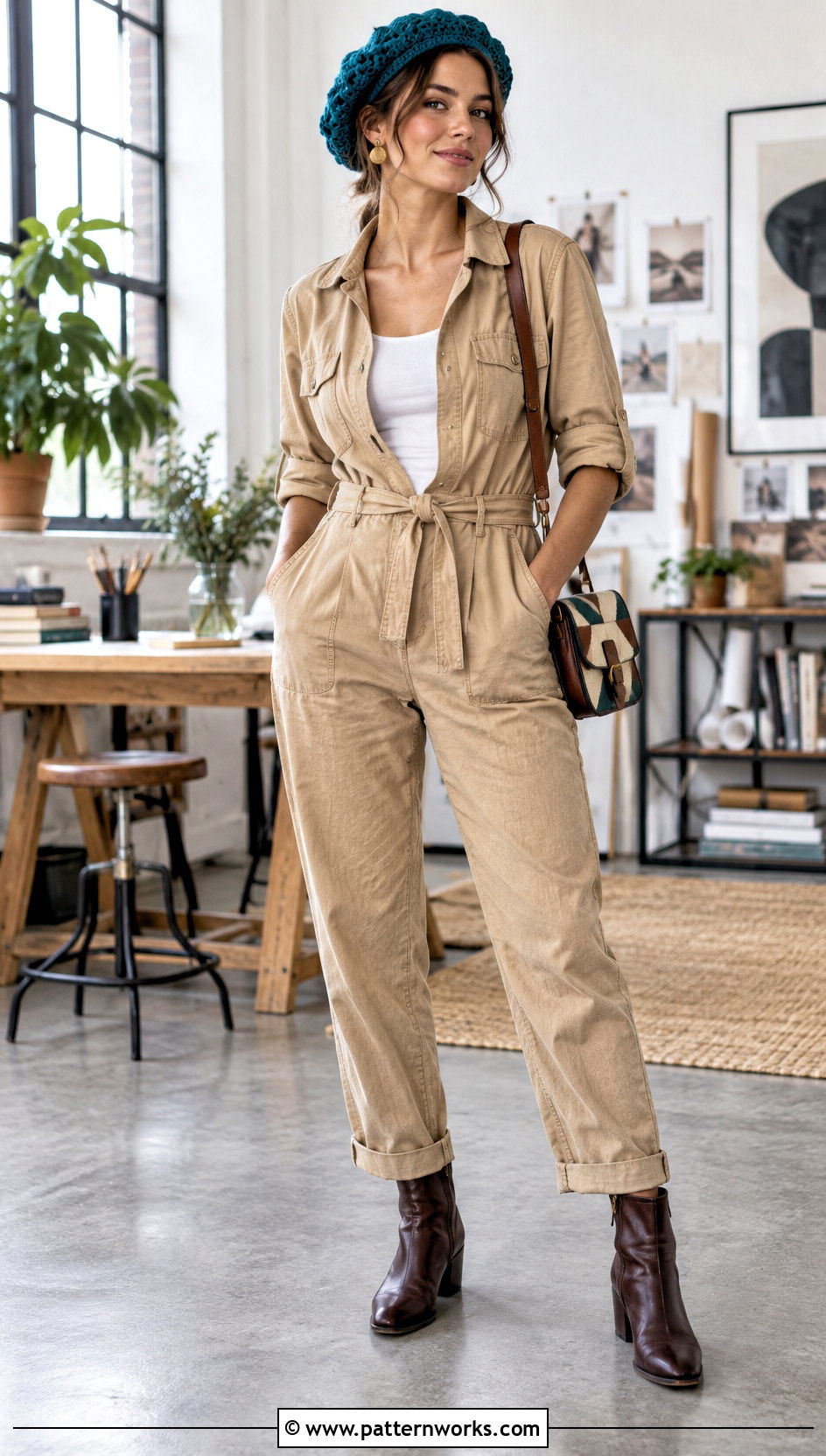 Magnolia Crochet Beret With Utility Jumpsuit And Ankle Boots - 18 magnolia crochet beret outfit ideas