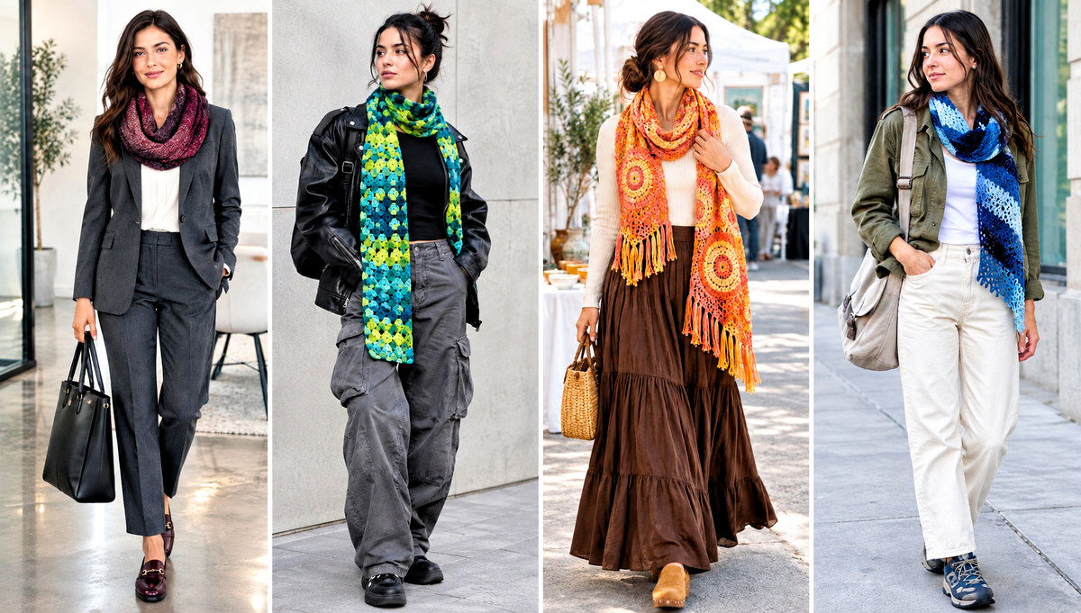 18 Mandala Yarn Crochet Scarf Outfit Ideas for Winter Walks