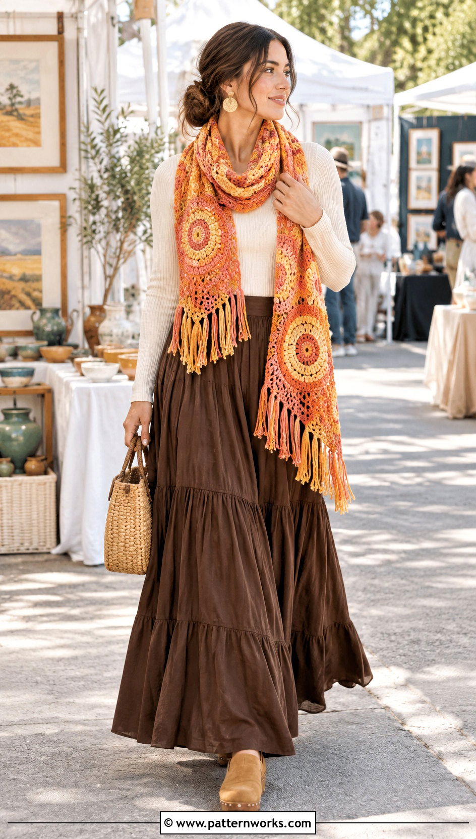 Mandala Yarn Fringed Scarf With Maxi Skirt - 18 Mandala Yarn Crochet Scarf outfit ideas