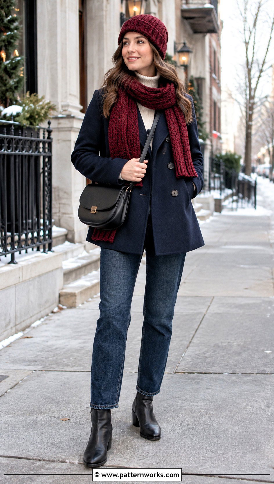 Matching HDC Crochet Hat And Scarf With Peacoat - 18 hdc crochet hat outfit ideas