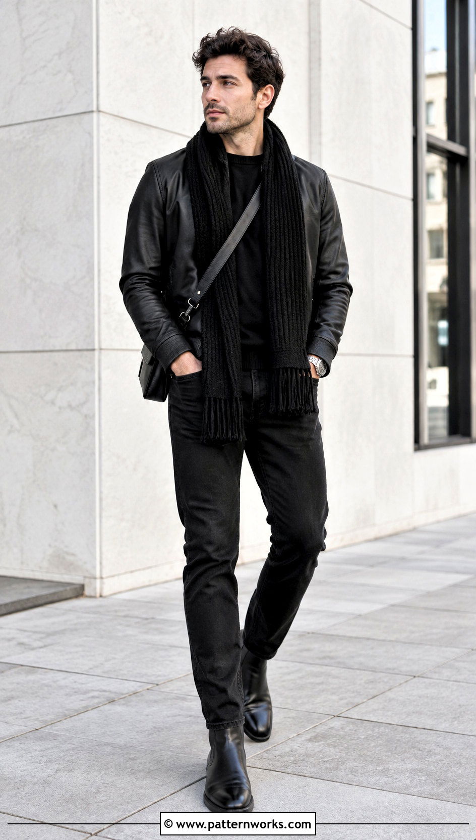Mens Black Crochet Scarf Outfit With Leather Jacket - 30 men's crochet scarf outfit ideas