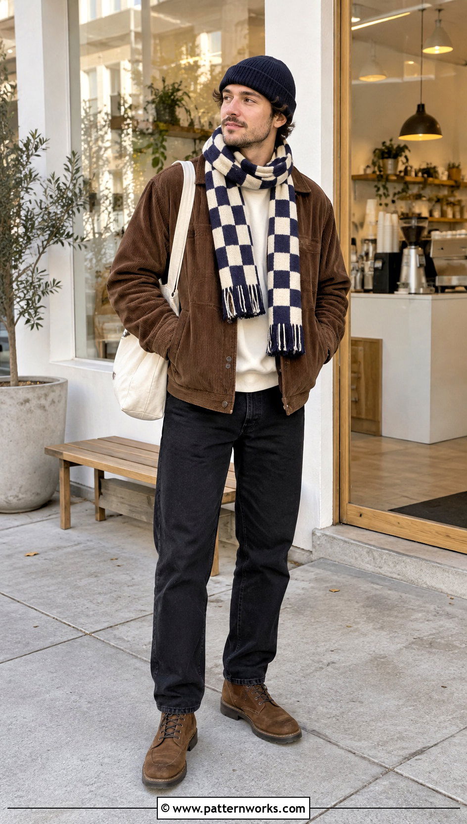 Mens Checkerboard Crochet Scarf Outfit With Corduroy Jacket - 30 men's crochet scarf outfit ideas