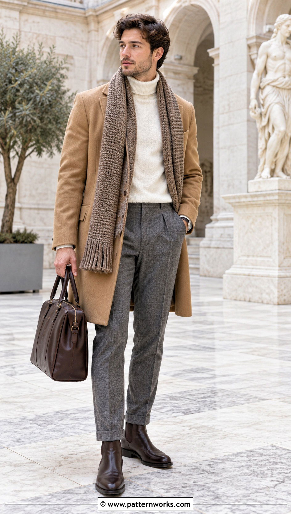 Mens Neutral Crochet Scarf Outfit With Camel Coat - 30 men's crochet scarf outfit ideas