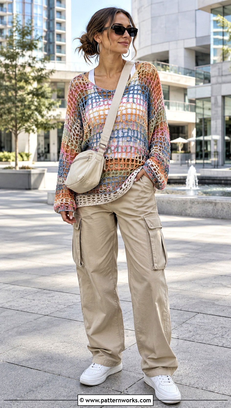 Mesh Crochet Blouse With Tank And Cargo Pants - 18 colorful crochet blouse design outfit ideas