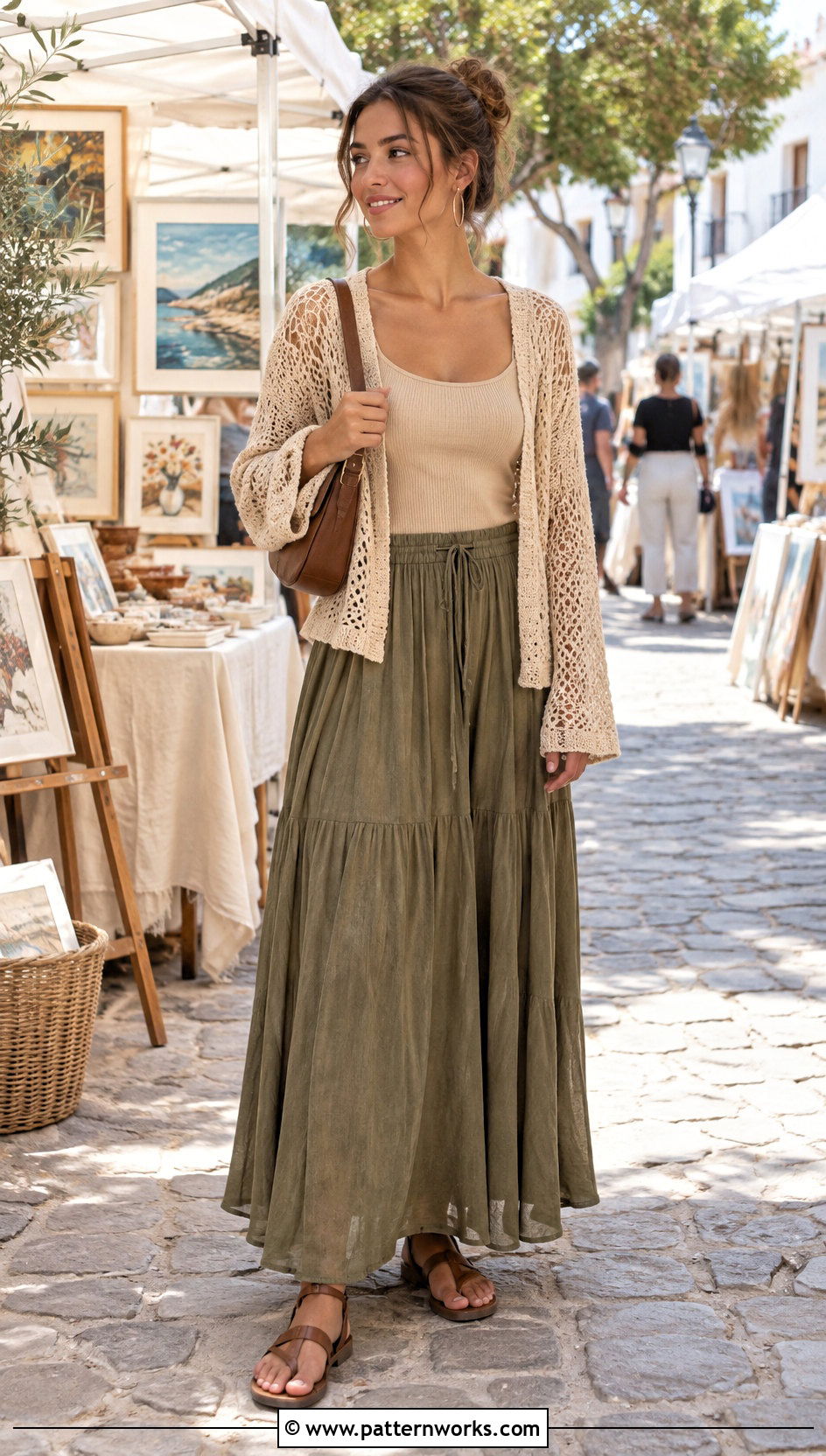 Mesh Crochet Long Sleeve Cardigan With Maxi Skirt - 24 Crochet Long Sleeve Cardigan outfit ideas