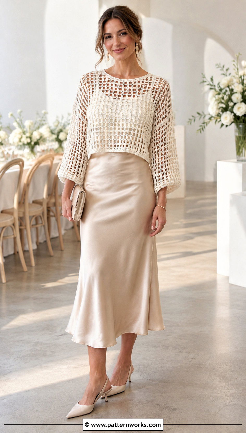Mesh Crop Crochet Sweater With Satin Midi Skirt - 30 crop crochet sweater outfit ideas
