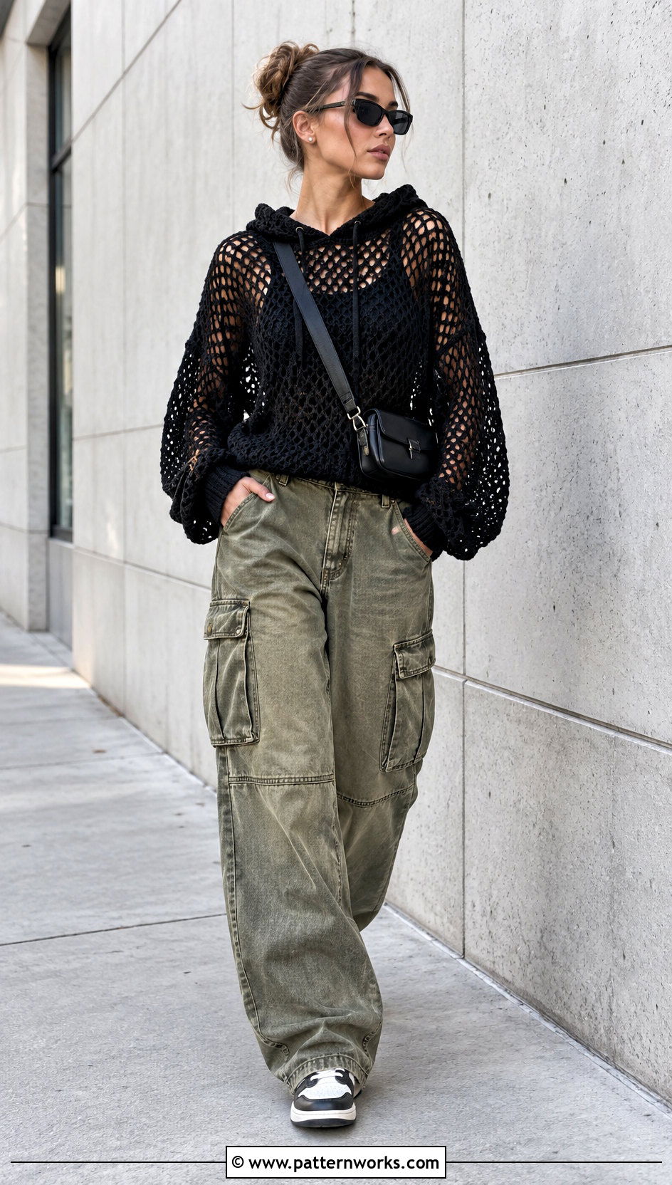 Mesh Oversized Crochet Hoodie With Cargo Pants - 18 oversized crochet hoodie outfit ideas