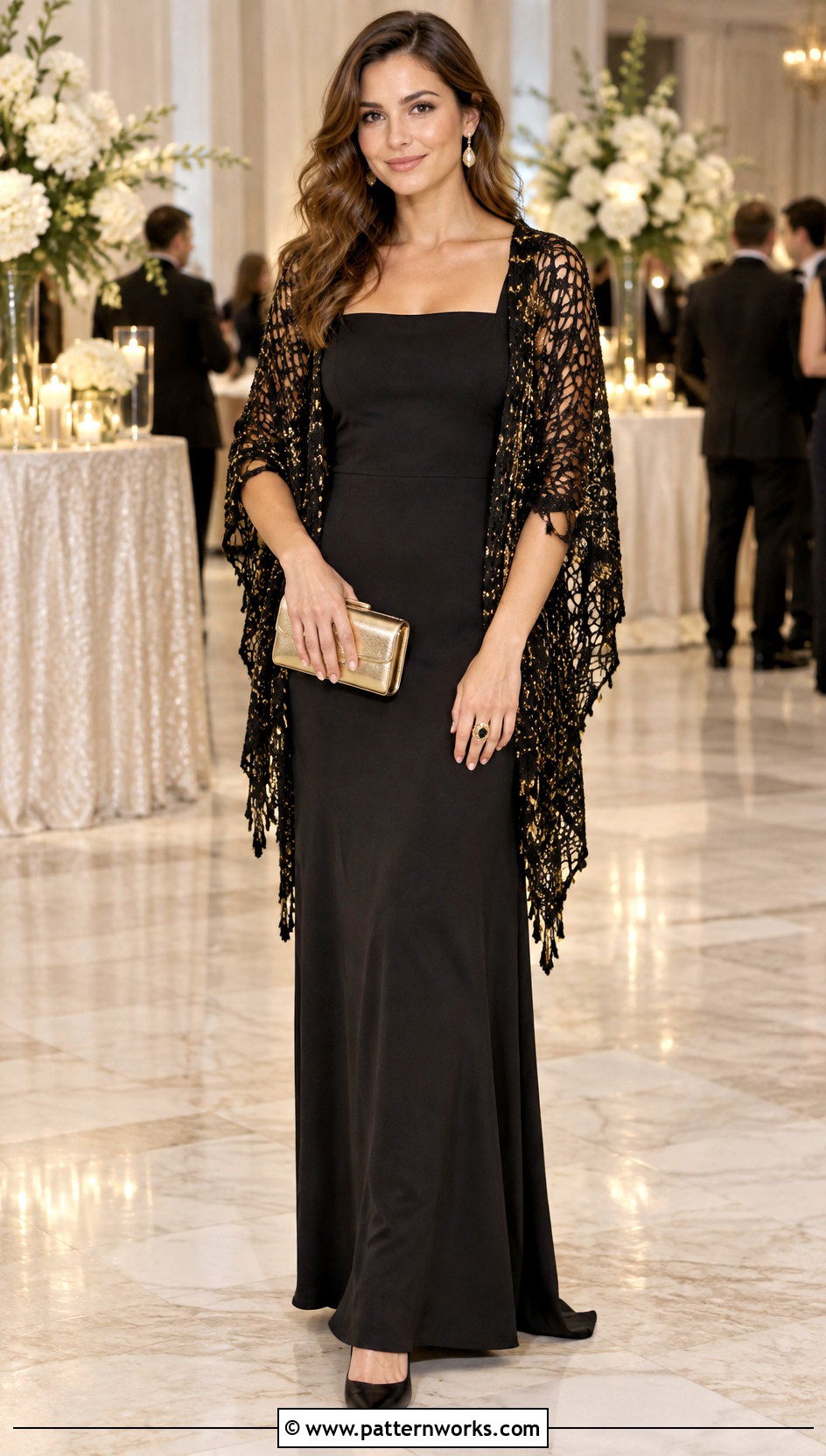 Metallic Crochet Shawl Outfit With Evening Dress - 24 Stevie Nicks Crochet Shawl outfit ideas