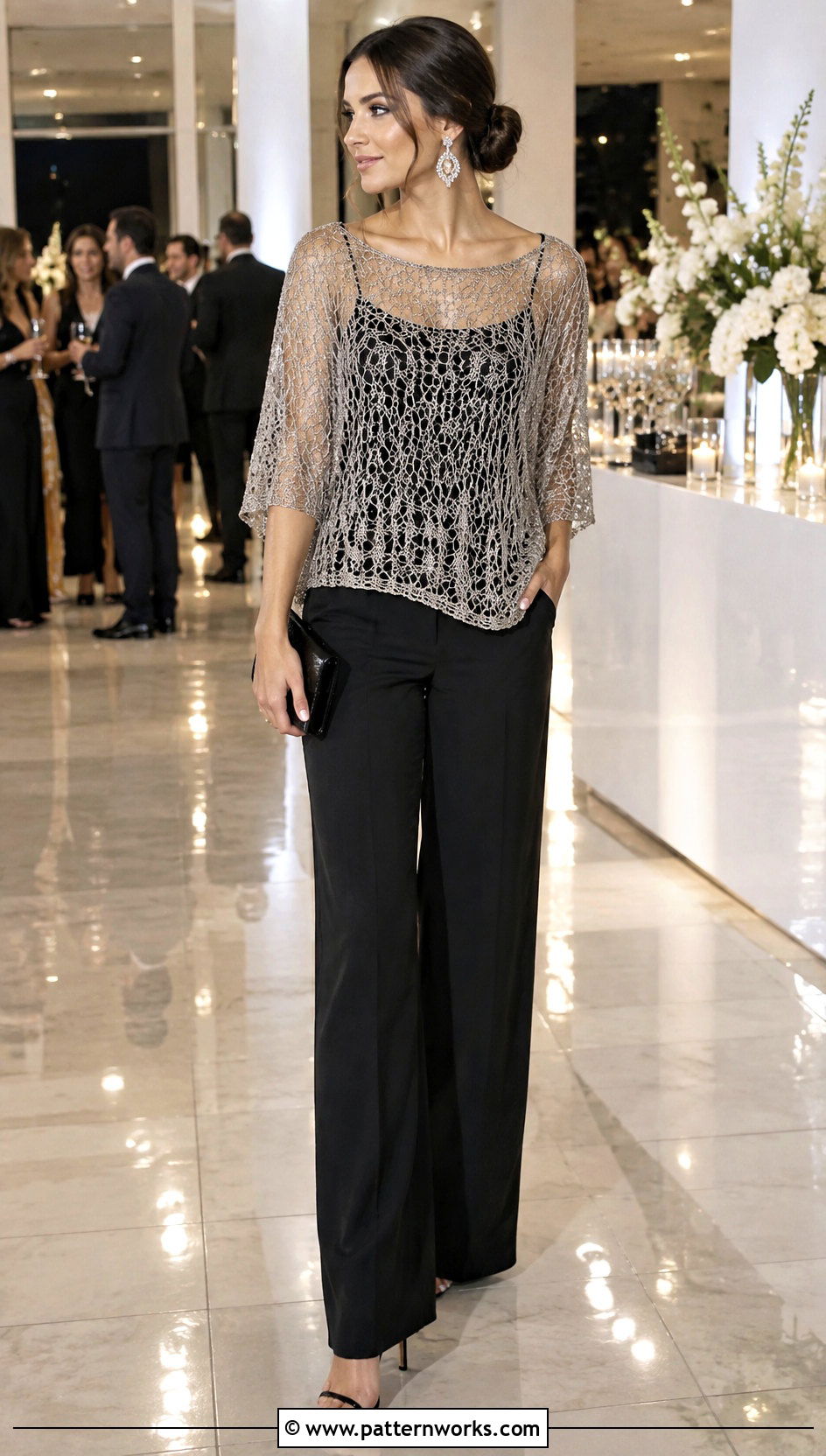 Metallic Crochet Tunic With Black Trousers - 18 crochet tunic ideas