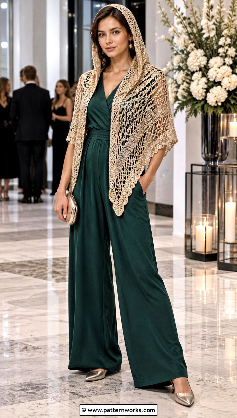 Metallic Hooded Triangle Crochet Shawl With A Wide Leg Jumpsuit - 24 Hooded Triangle Crochet Shawl outfit ideas