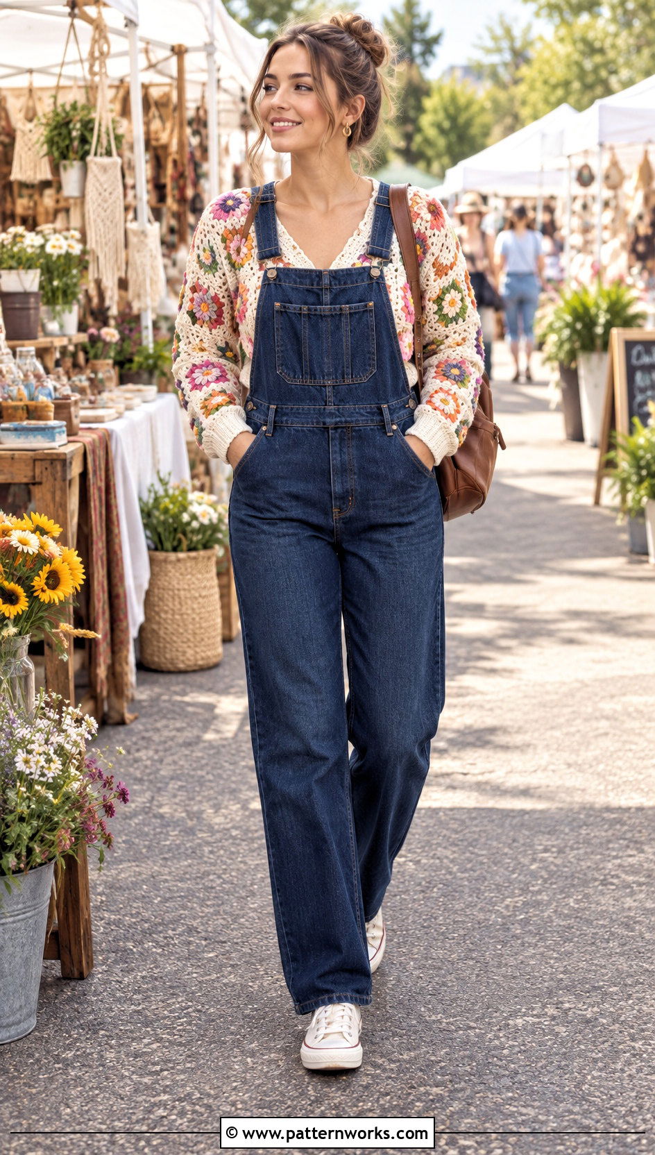 Mini Flower Cardigan With Denim Overalls - 24 crochet flowers cardigan outfit ideas