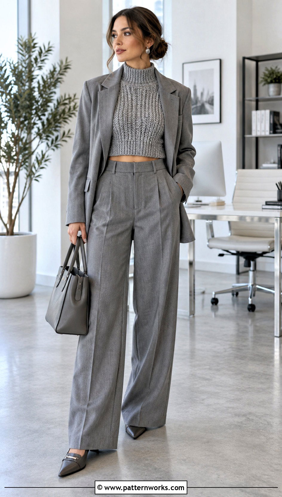 Mock Neck Crop Crochet Sweater With Suit Trousers - 30 crop crochet sweater outfit ideas