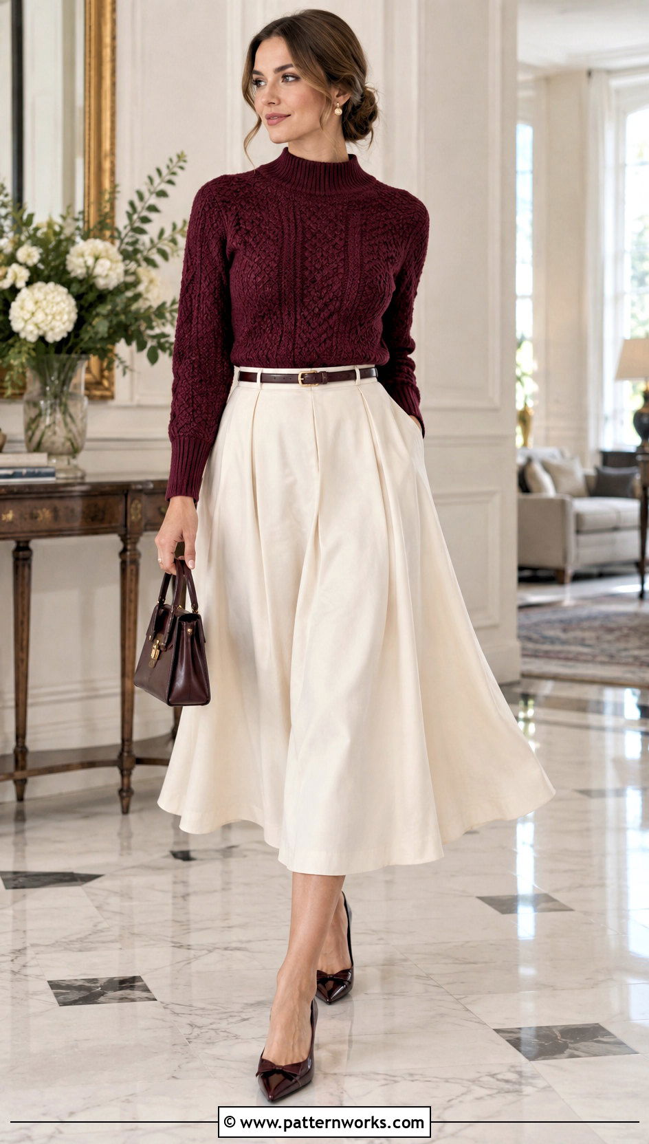 Mock Neck Fisherman Crochet Sweater With Full Midi Skirt - 24 Fisherman Crochet Sweater outfit ideas
