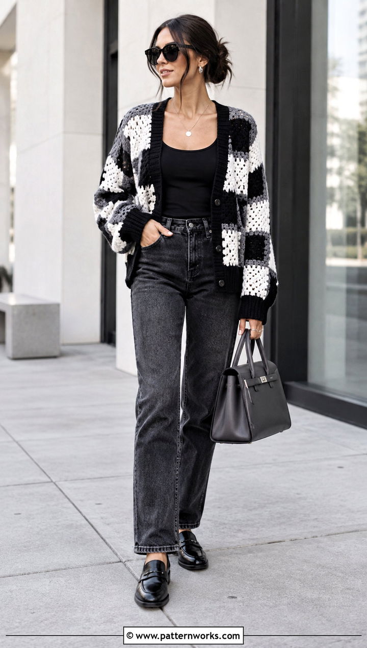 Monochrome Checkered Crochet Cardigan With Black Jeans - 24 Checkered Crochet Cardigan outfit ideas