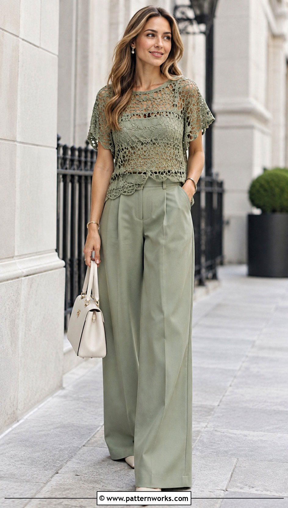 Monochrome Crochet Thread Top With Matching Pants - 30 crochet thread top outfit ideas