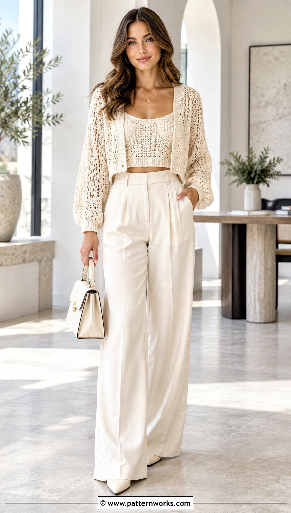 Monochrome Crop Crochet Sweater With Matching Pants - 30 crop crochet sweater outfit ideas