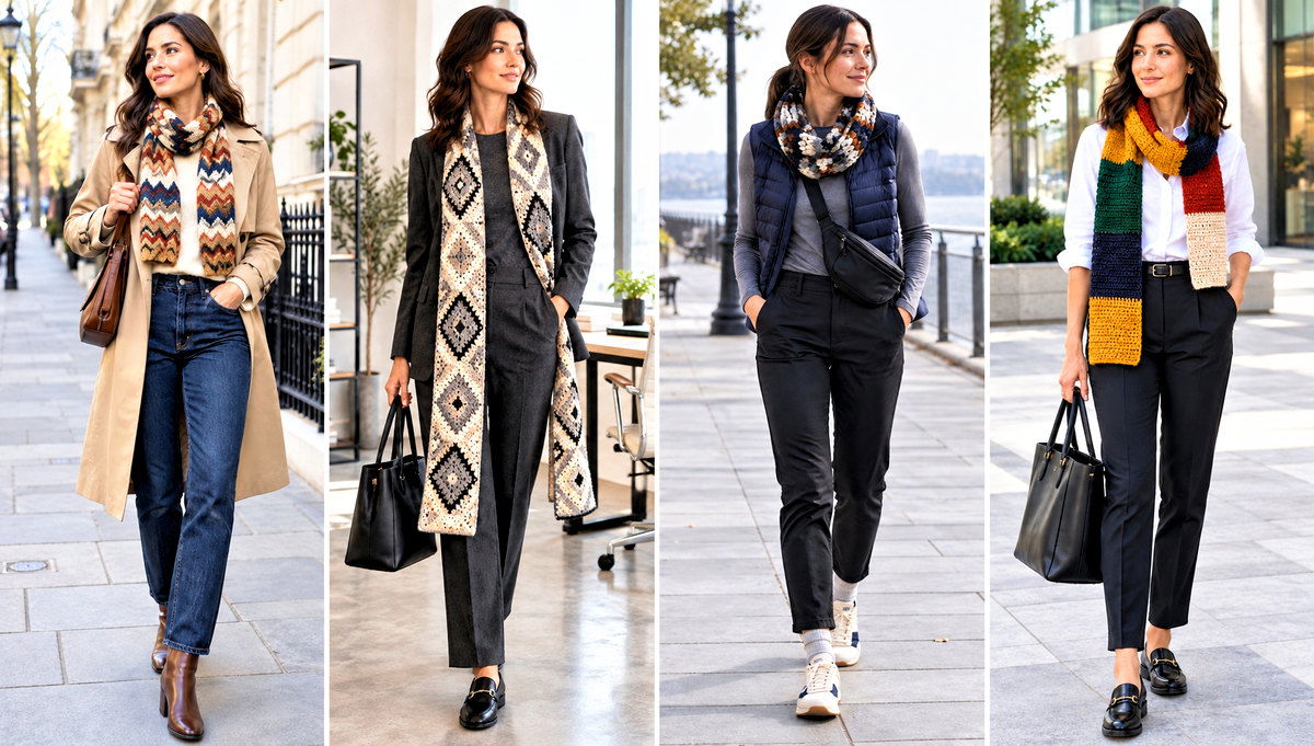 24 Mosaic Crochet Scarf Outfit Ideas for Bold Color