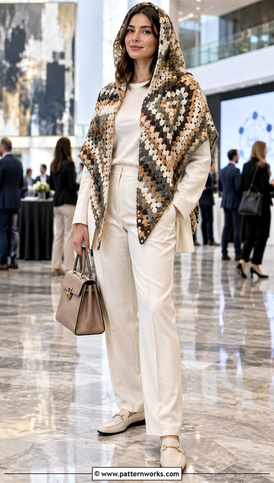 Mosaic Hooded Triangle Crochet Shawl With A Monochrome Suit - 24 Hooded Triangle Crochet Shawl outfit ideas