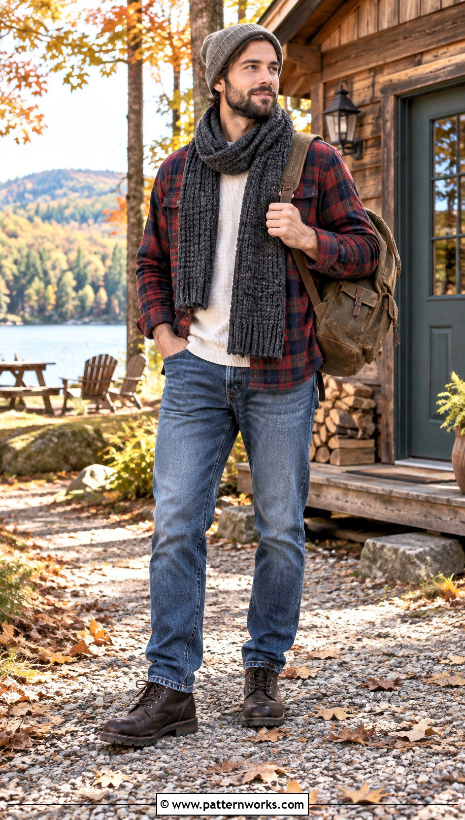 Moss Stitch Crochet Scarf With Flannel Shirt - 30 Mens Crochet Scarf outfit ideas