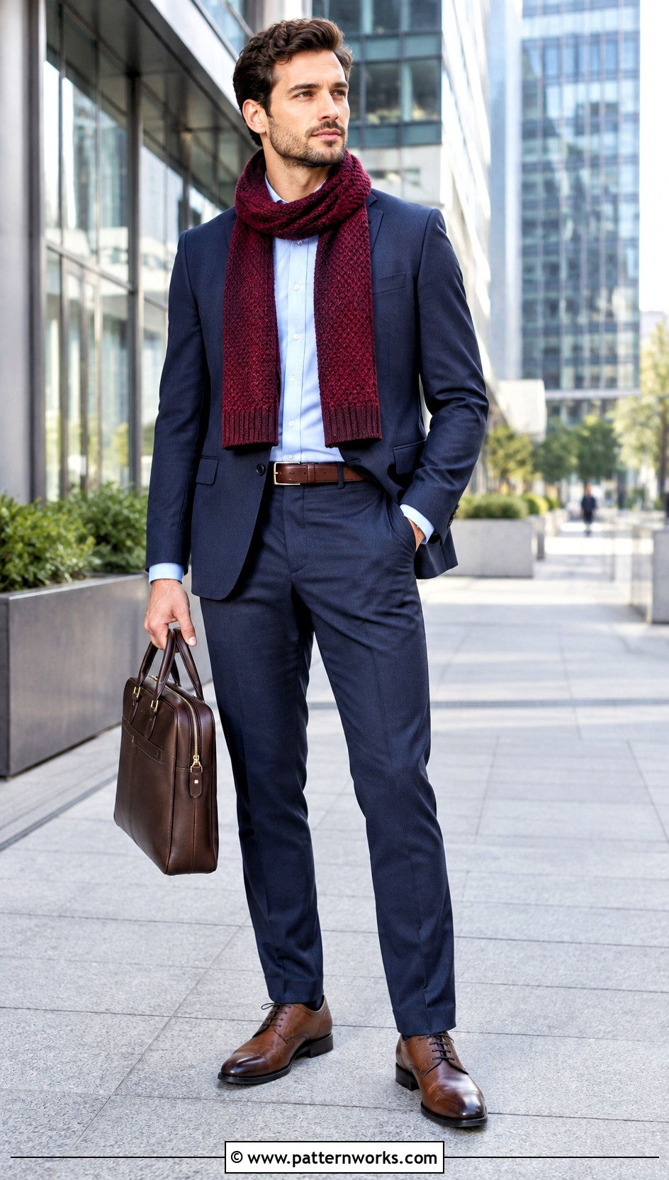 Moss Stitch Crochet Scarf With Navy Suit - 30 crochet scarf for men outfit ideas