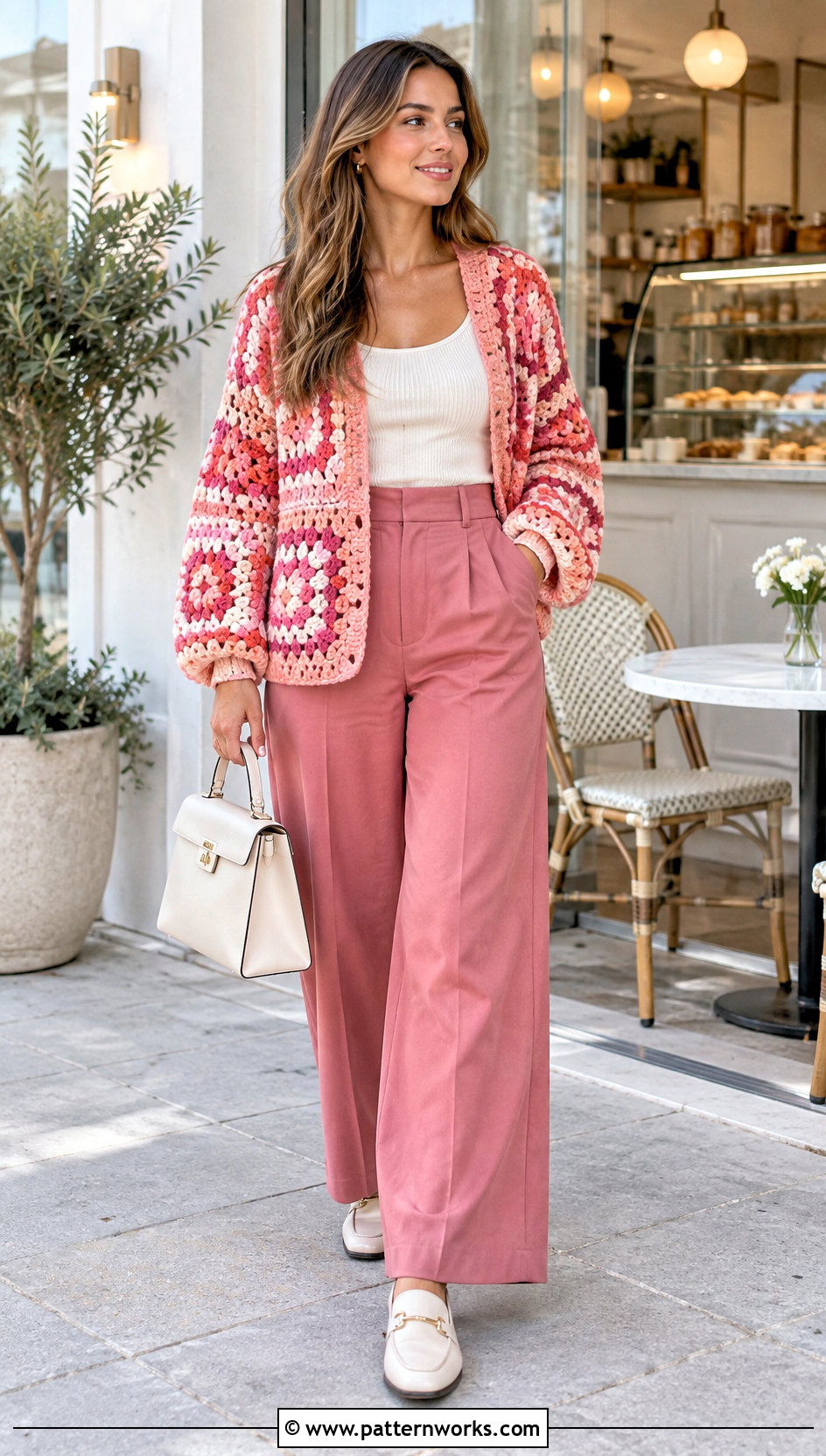 Multicolor Crochet Cardigan With Matching Pants - 30 colorful crochet sweater outfit ideas