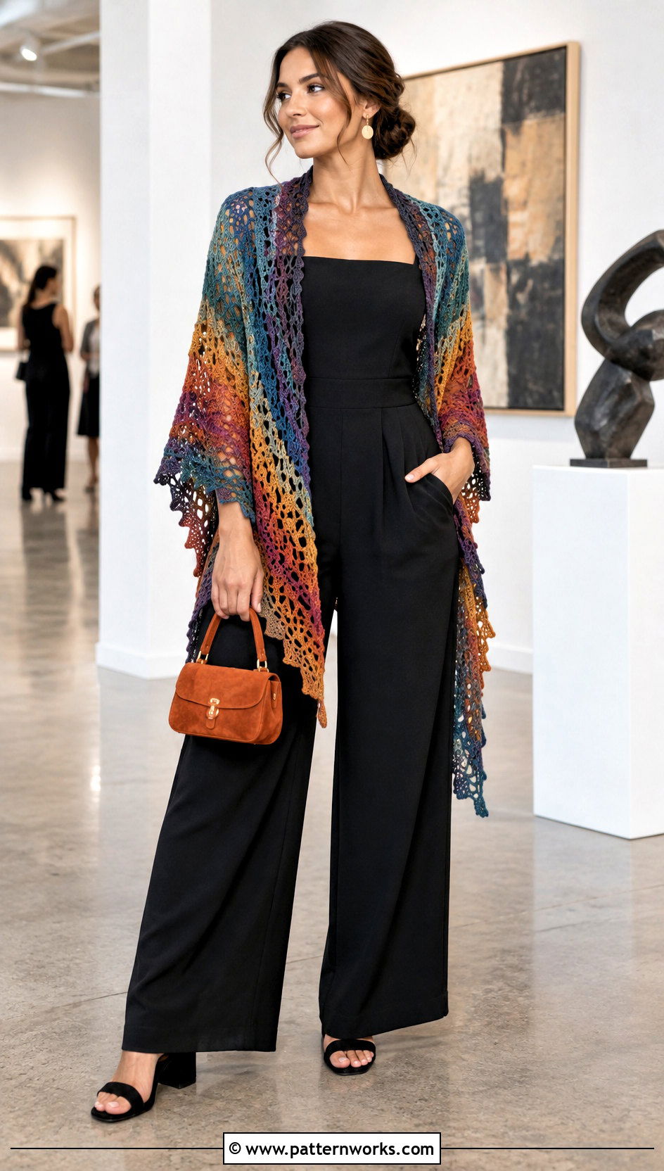 Multicolor Lost Soul Crochet Shawl With Black Jumpsuit - 18 Lost Soul Crochet Shawl outfit ideas