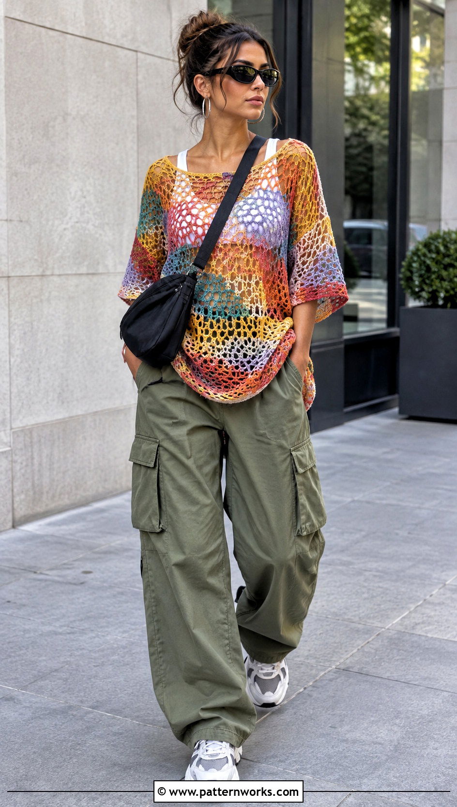 Multicolor Mesh Crochet Top With Cargo Pants - 30 multicolor crochet top outfit ideas