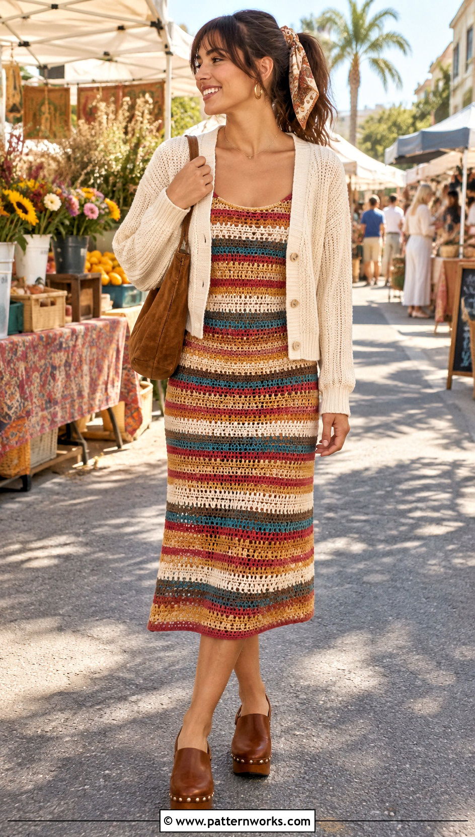 Multicolor Striped Crochet Dress And Clogs Outfit - 30 vintage crochet dress outfit ideas