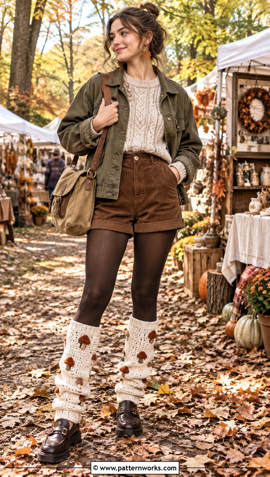 Mushroom Crochet Leg Warmers With Corduroy Shorts And Sweater - 30 crochet legwarmers outfit ideas