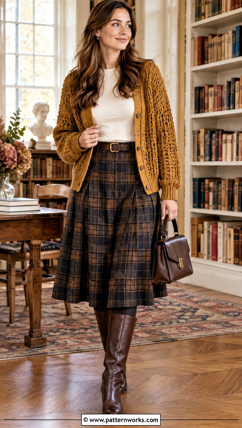 Mustard Crochet Long Sleeve Cardigan With Plaid Skirt - 24 Crochet Long Sleeve Cardigan outfit ideas