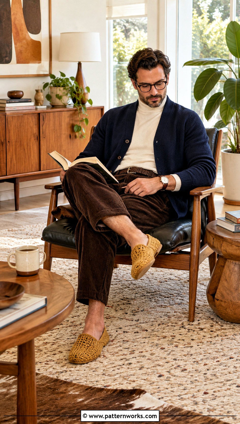 Mustard Crochet Mens Slippers With Corduroy Pants - 24 crochet men's slippers outfit ideas