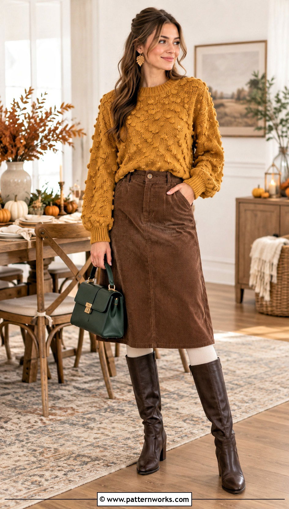 Mustard Crochet Thanksgiving Sweater Outfit With Corduroy Skirt - 24 Crochet Thanksgiving Sweater outfit ideas