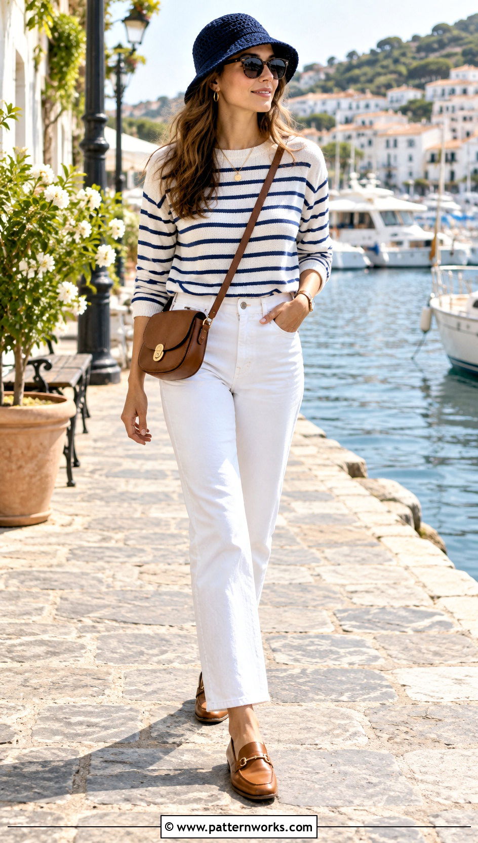 Navy Crochet Bucket Hat With Striped Top And White Jeans - 24 Crochet Bucket Hat For Women outfit ideas