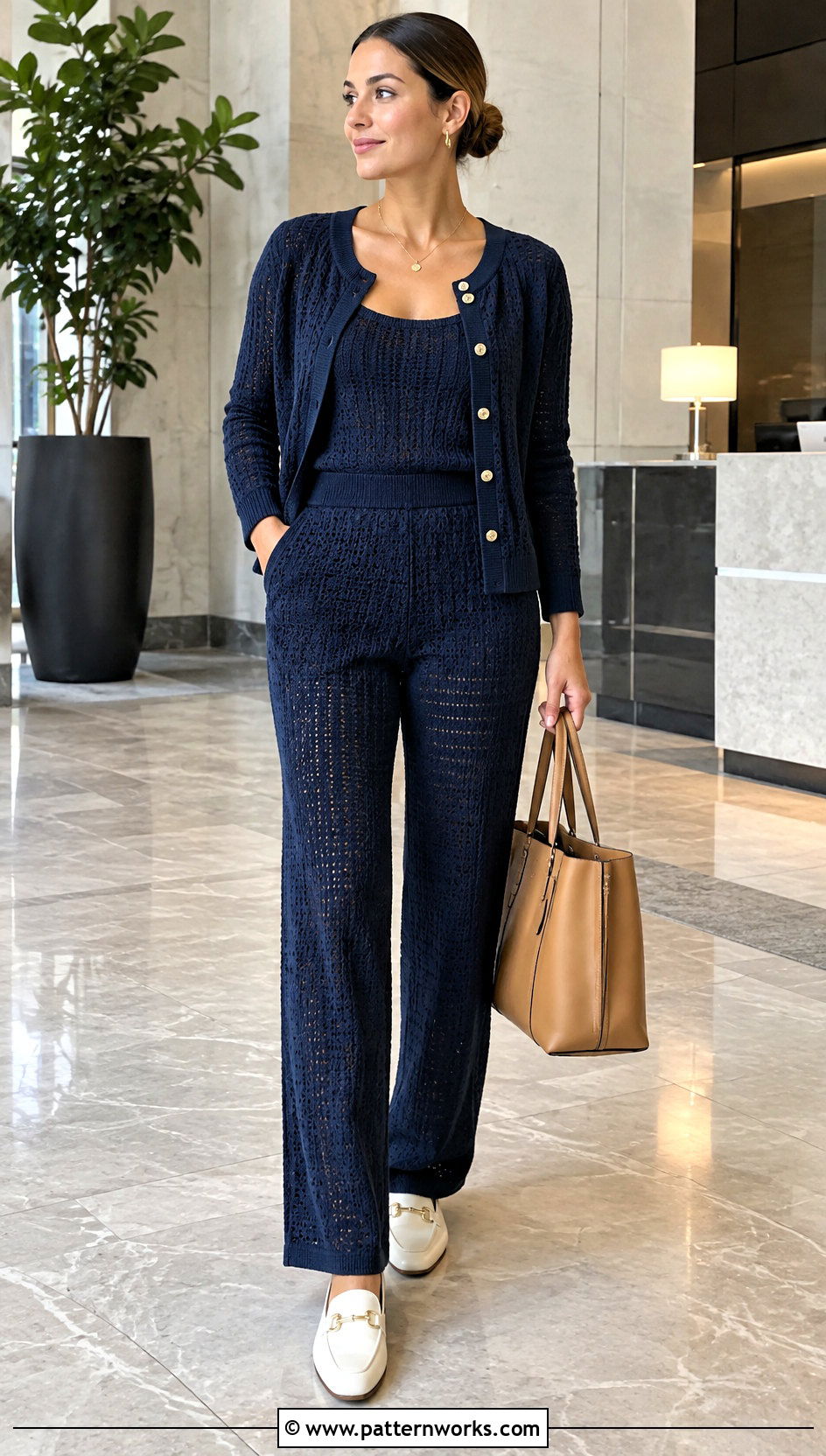 Navy Crochet Cardigan And Straight Leg Pants Set Outfit - 30 crochet set outfit ideas