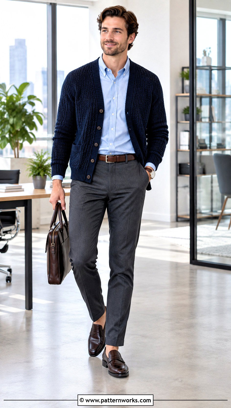 Navy Crochet Cardigan With Office Trousers - 30 crochet man cardigan outfit ideas